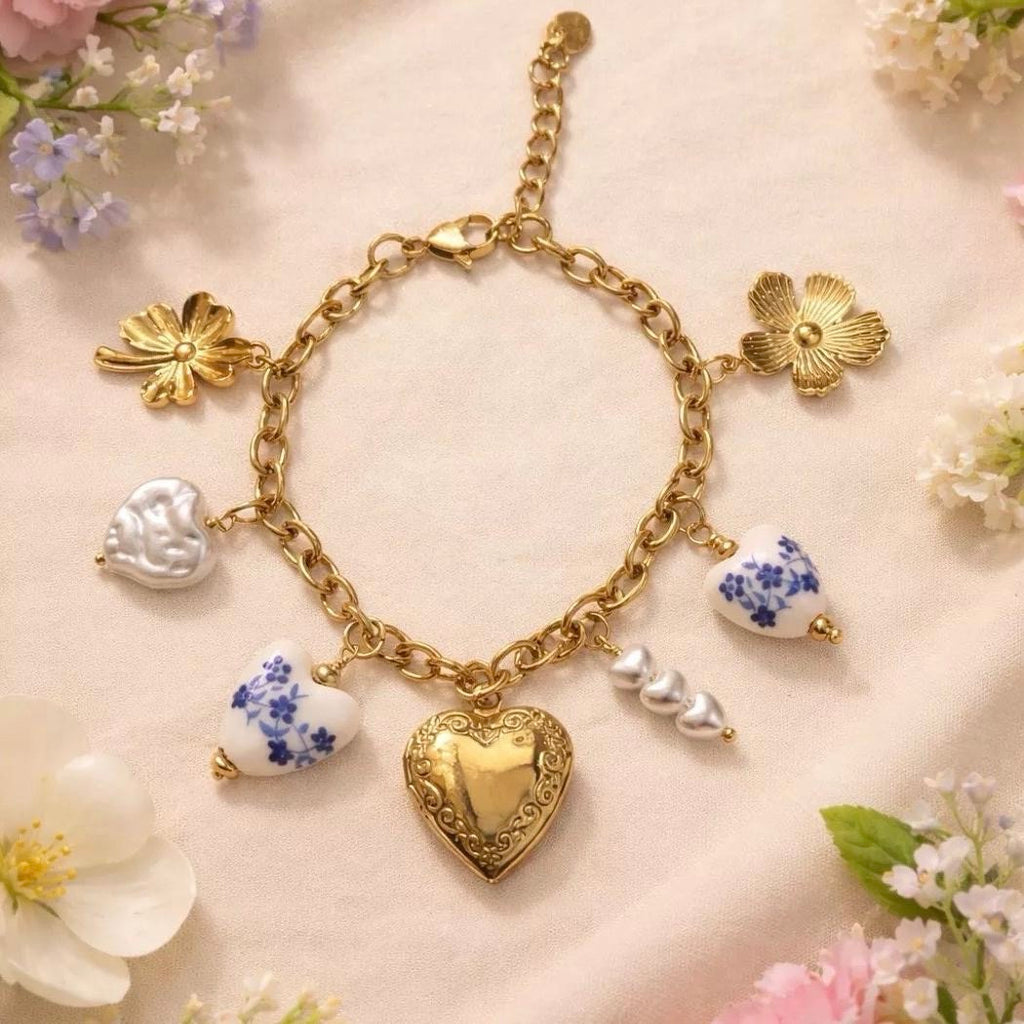 Bracelet breloques porcelaine Éclat fleuri - Doré