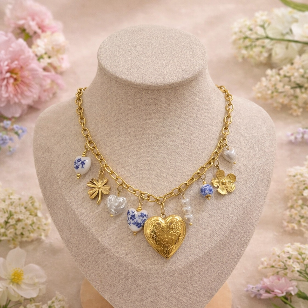 Collier breloque porcelaine Cœur D’Élyra - Doré