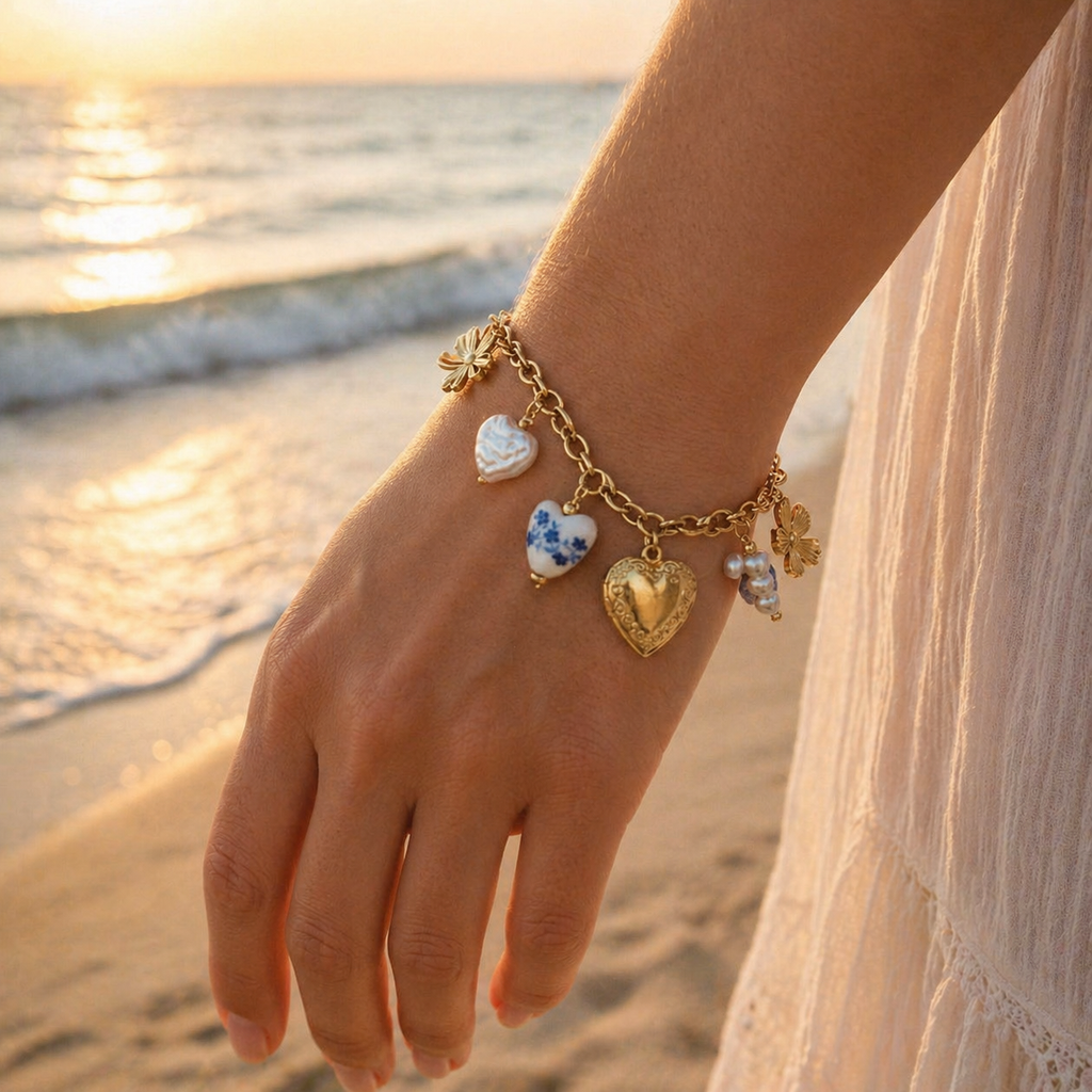 Bracelet breloques porcelaine Éclat fleuri - Doré